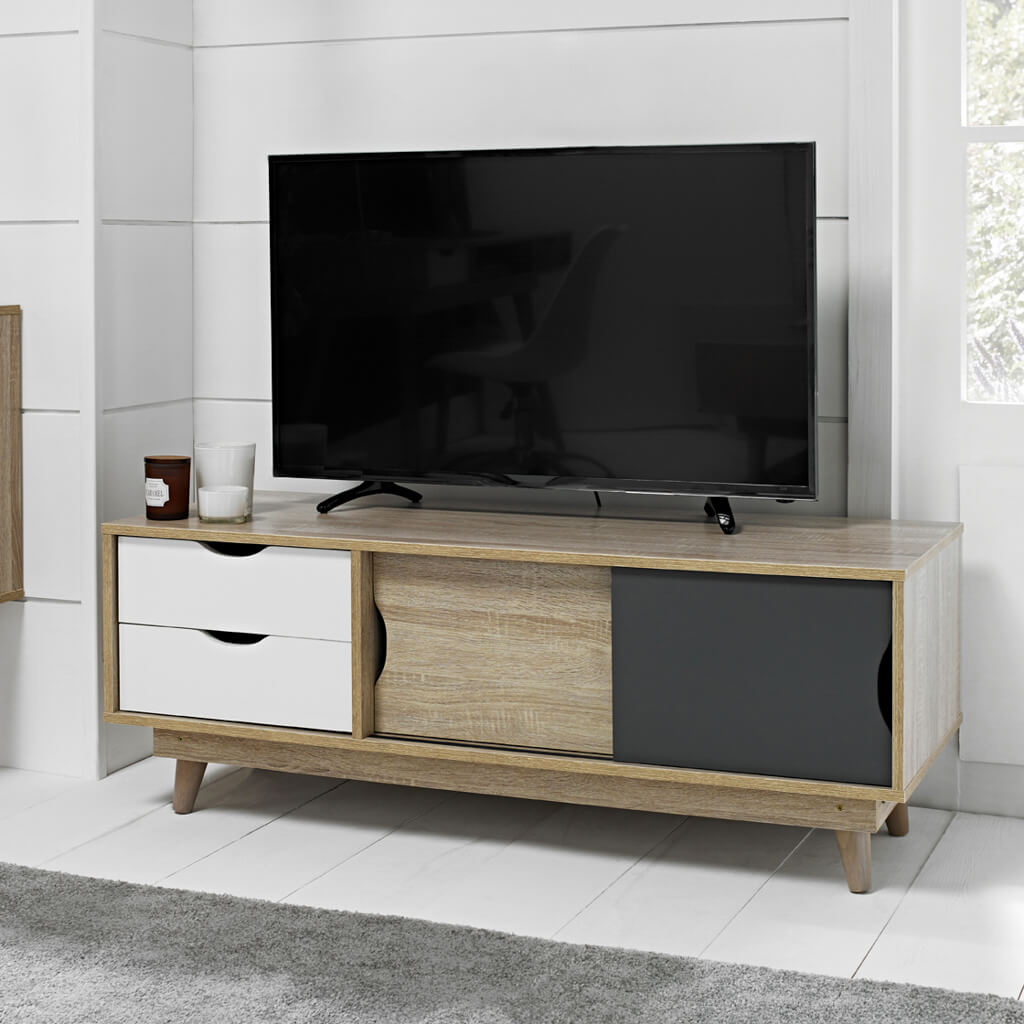 Scandi Light Oak & White & Grey Media Unit