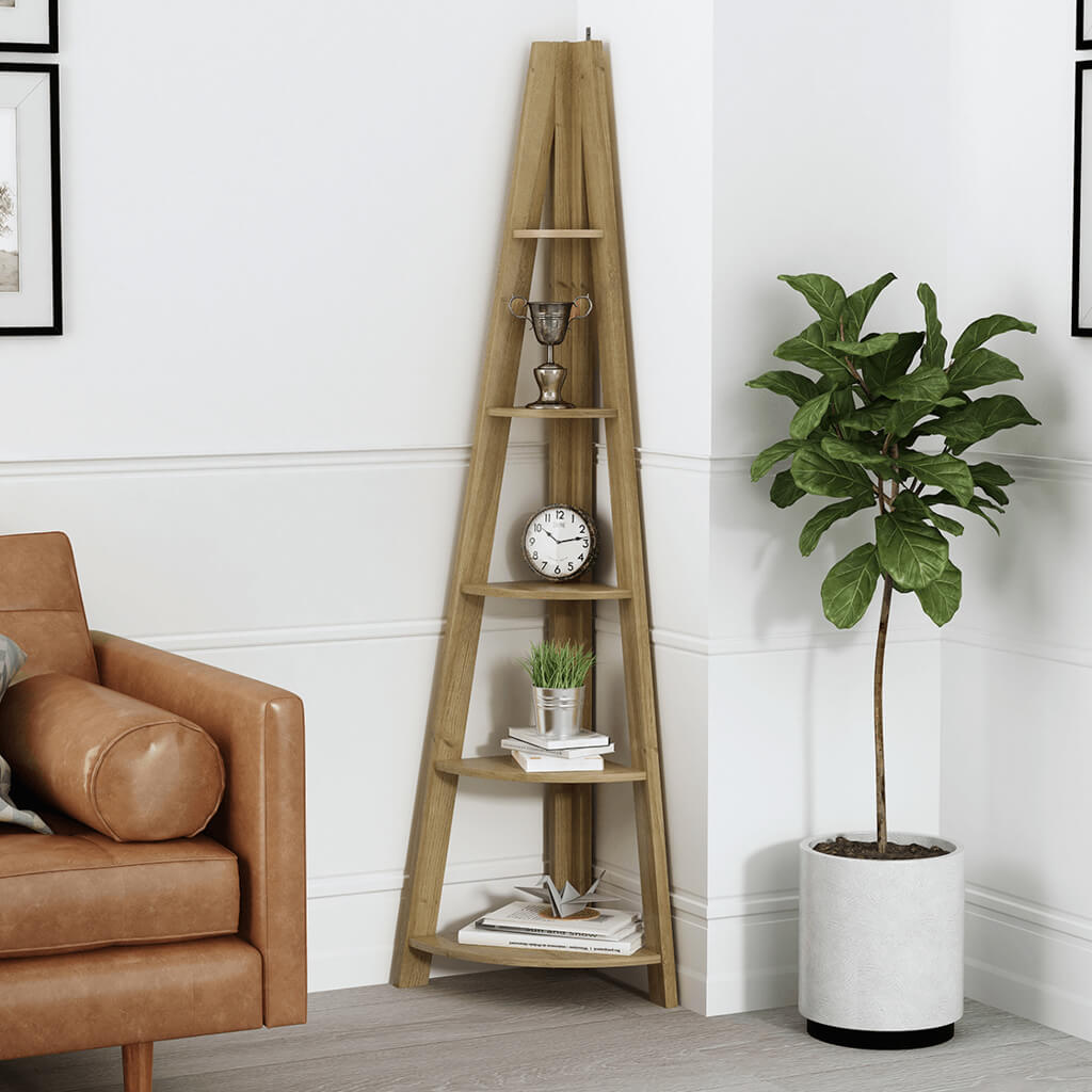 Tiva Oak Corner Ladder Shelving