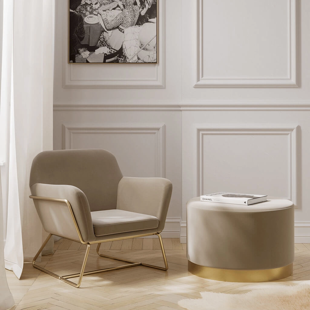 Lara Beige Velvet Large Pouffe
